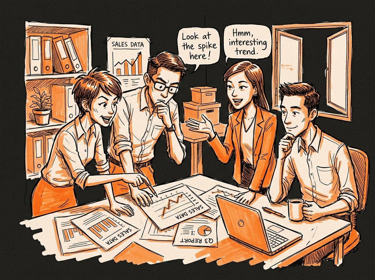 Team reviewing reports in office